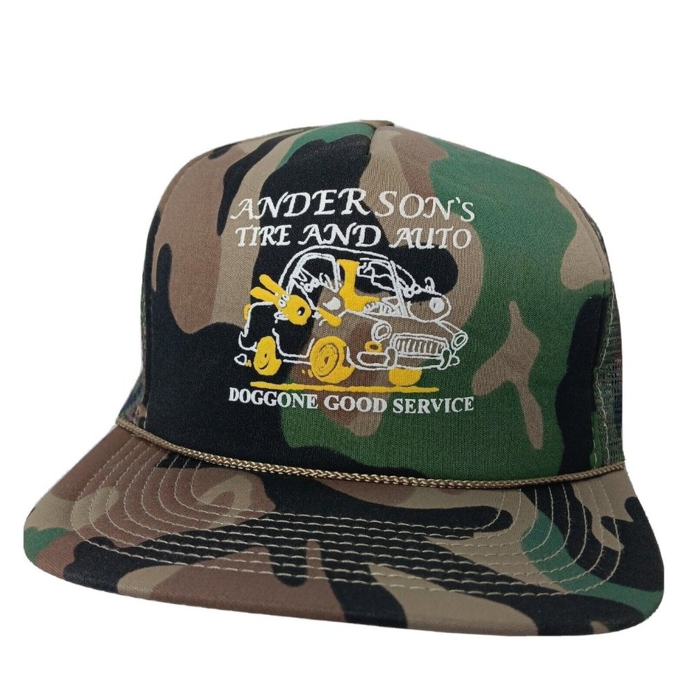 Vintage Andersons Tire And Auto Doggone Good Service Camouflage Trucker Cap Mesh